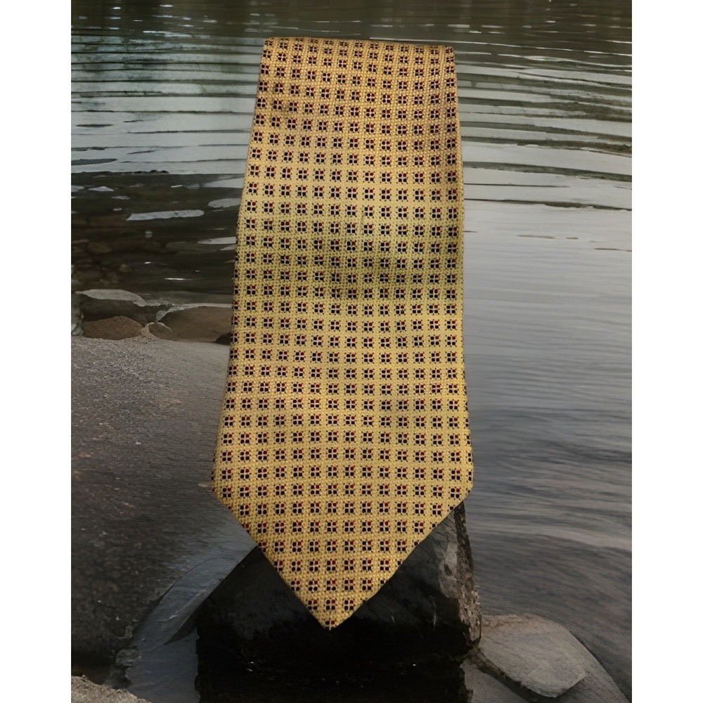 Tommy Hilfiger Tie Imported Silk From Italy Yellow W/Red & Blue Geometric Print‎